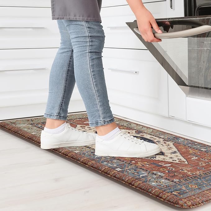 KIMODE Anti Fatigue Kitchen Mats for Floor,17.3" x 29" Vintage Red Cushioned Kitchen Rugs,Non-Slip Waterproof Kitchen Sink Standing Mat Wipe Clean for Kitchen Floor