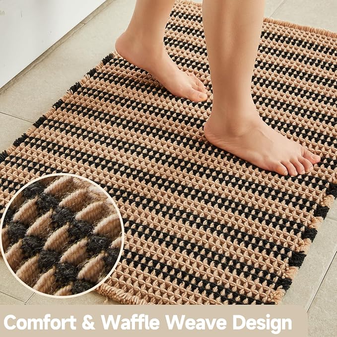 TYUU Waffle Runner Rug Bathroom, Long Boho Bathroom Rugs Non Slip Washable Super Absorbent Quick Dry Farmhouse Bath Decor, 72"x24" Black and Khaki