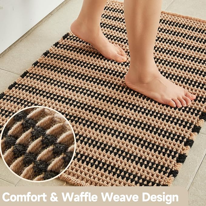 TYUU Waffle Bath Mat, Boho Bathroom Rugs Non Slip Washable Super Absorbent Quick Dry Bath Mat Farmhouse Bathroom Decor, 48"x24" Black and Khaki