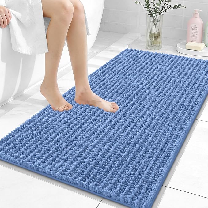 OLANLY Bathroom Rug Mat 44x24, Thick Soft and Absorbent Chenille Bath Mat, Non-Slip Rubber Backing, Machine Washable Quick Dry Bath Rugs for Tub Shower Floor, Home Decor Accessories, Cornflower Blue