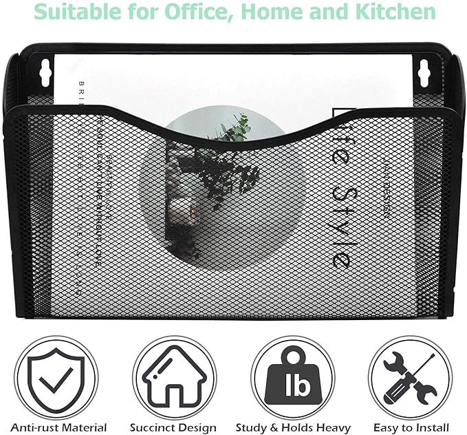 EASEPRES 6 Single Pocket Mesh Hanging File Organizer, Vertical Wall Mounted Magazine File Holder, Mount Basket Mail Paper Document Folder Organizing for Office, Home and School, Black