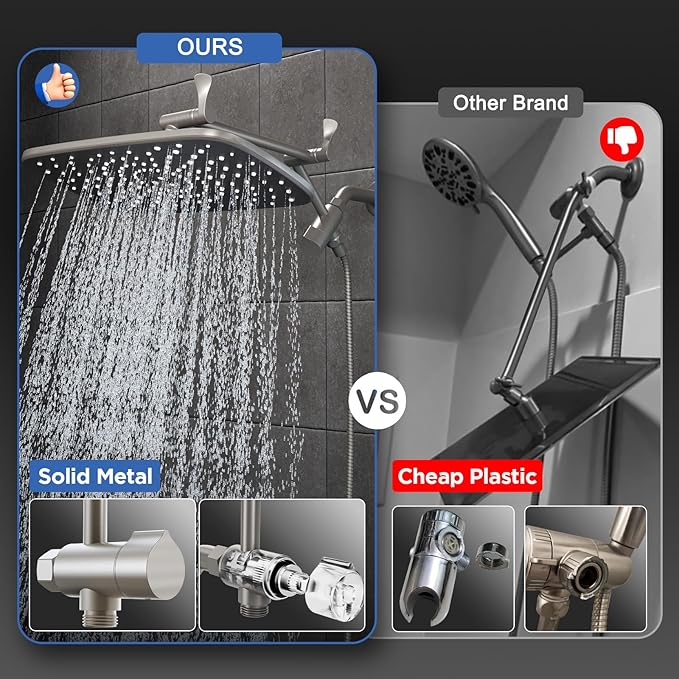 Veken 11.8" Brushed Nickel Rain Shower Head with Handheld, High Pressure Handheld Shower Heads with Multi Spray Modes,Rainfall Combo with 15" Metal Extension Arm,Detachable Dual Shower,Regaderas Para
