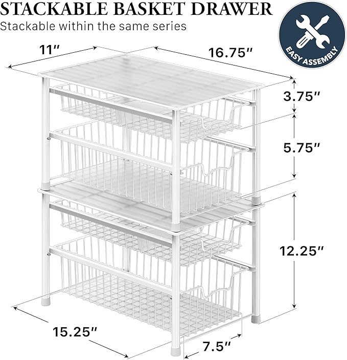 Simple Houseware Stackable Sliding Basket Organizer Drawer, White, 2-Tier
