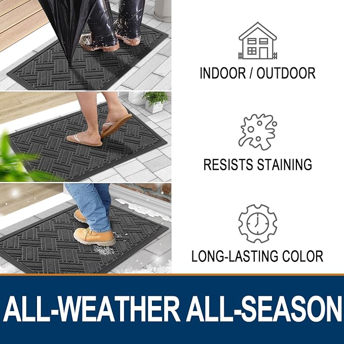 OLANLY Indoor Outdoor Mat, Sturdy Natural Rubber Floor Mat, Non Slip Low Profile Waterproof Doormat, and Stain Front Door Mats, Easy Clean Patio Entrance Mat, 36''x24'', Light Grey