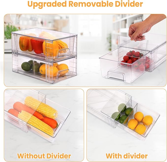 4 Pack Stackable Storage Drawers with Handles, Easy Assembly Clear Acrylic Fridge Organizer, Refrigerator Organizers and Storage for Kitchen, Under Sink, Pantry, Bathroom