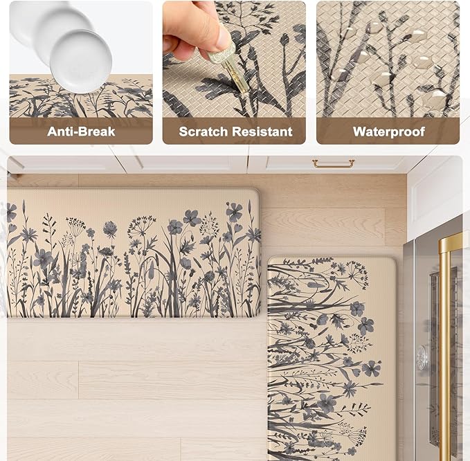 KIMODE Kitchen Anti Fatigue Mats, Farmhouse Kitchen Rugs Sets of 2, Memory Foam Kitchen Mats for Floor, Waterproof Standing Mat for Sink, Laundry, Office, Desk Brown/Gray 17"x59"+17"x29"
