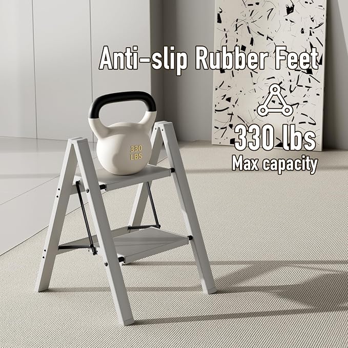 Mayi Plus 2 Step Ladder,Aluminum Folding Step Stool for Adults,Step Ladder with Wide Anti-Slip Pedal,330 lbs Capacity for Home,Office,Kitchen,Library(Grey)