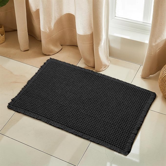 SUBRTEX Waffle Braided Bath Mat, 18" x 24" Soft Waffle Bath Rugs, Absorbent Non Slip Bathrooom Mats, Machine Washable Area Rug for Bathroom, Quick Dry, Black