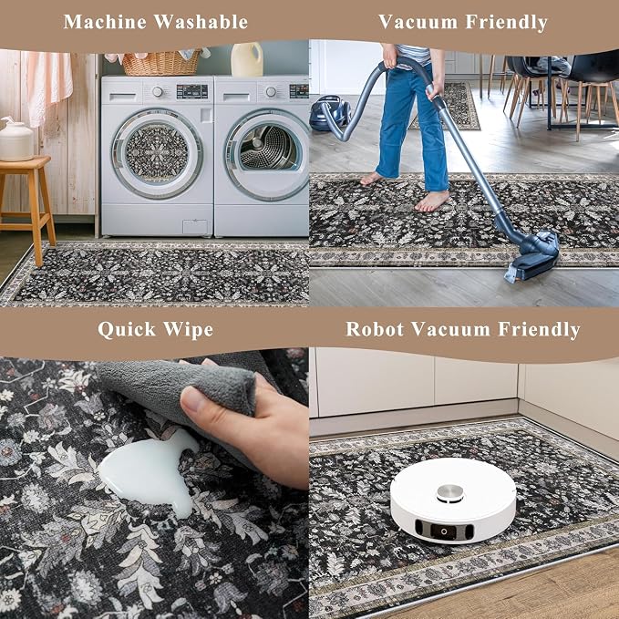 4x5 Kitchen Rug Washable Non-Slip – Soft Low Pile Indoor Carpet for Entryway Bathroom Living Room Bedroom – Boho Floral Small Throw Area Rug (Black,4x5)