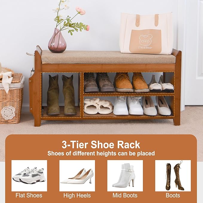 PETKABOO Shoe Bench with Hidden Drawer and Side Holder, 2 Tier Entryway Bench with Storage 39.4 in, Bamboo Shoe Rack with Cushion for Entryway Hallway Living Room Bedroom
