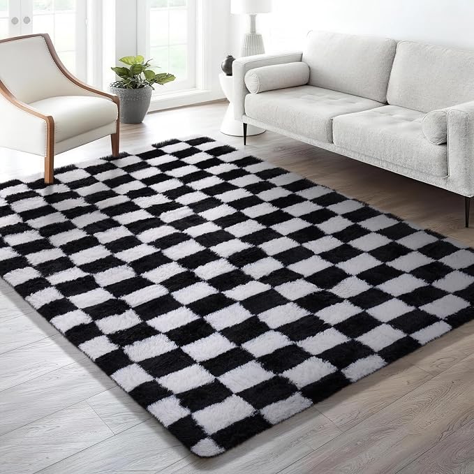 Ophanie Checkered Black & White Rug for Living Room Bedroom, Fluffy Soft Cute Fuzzy Area Rugs, Shag Plush Shaggy Bedside Floor 6x9 Furry Carpet for Kids Baby Teen Dorm Nursery Home Decor Aesthetic