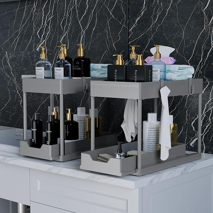 DEKAVA Under Sink Organizer 2 Pack，Bathroom Cabinet Organizer，2 Tier Sliding Cabinet Basket Organizer Drawer, Multi-Purpose Bath Collection Baskets for Bathroom (Grey)