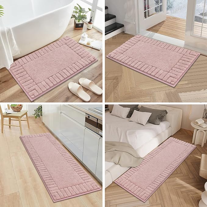 Pauwer Bathroom Rugs Sets 3 Piece Bathroom Shower Rugs with U-Shaped Contour Toilet Mat Absorbent Microfiber Plush Bath Mats Non Slip Bath Rug Machine Washable Shaggy Bath Mat Set, Dusty Pink