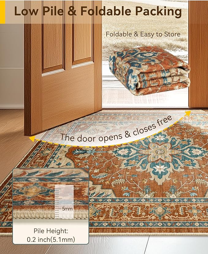 RELEANY Area Rugs Square 8ft Washable Non-Slip, Floral Vintage Distress Medallion Carpet for Living Room Bedroom Dining Room, Red Orange Blue Brown