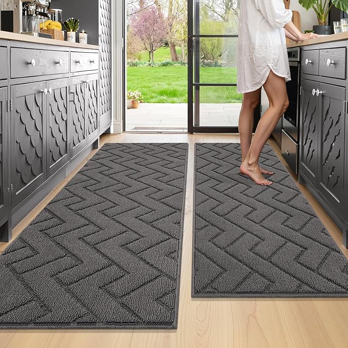 hicorfe Kitchen Runner Rugs and Mats Sets,2 Pieces Absorbent Non-Slip Kitchen Rug,Comfort Kitchen Mat for Floor,Washable for Kitchen,Hallway,Office,Sink,Laundry(20"x59"+20"x48",Grey)