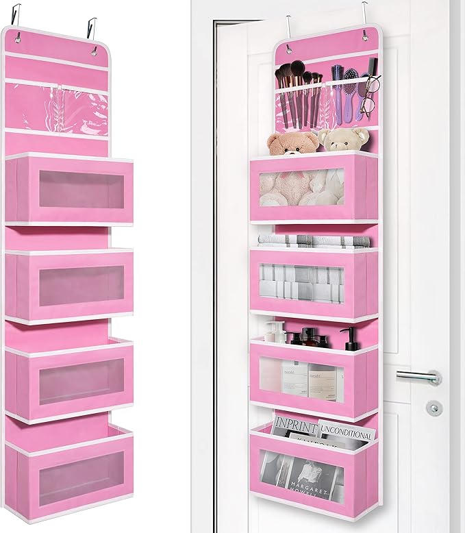 Giraffe Creation Pink Over Door Organizer with 4 Large Clear Pockets, Hanging Door Storage for Nursery, Bedroom, Bathroom, Closet, Toys, Diapers, Cosmetics, Baby Essentials