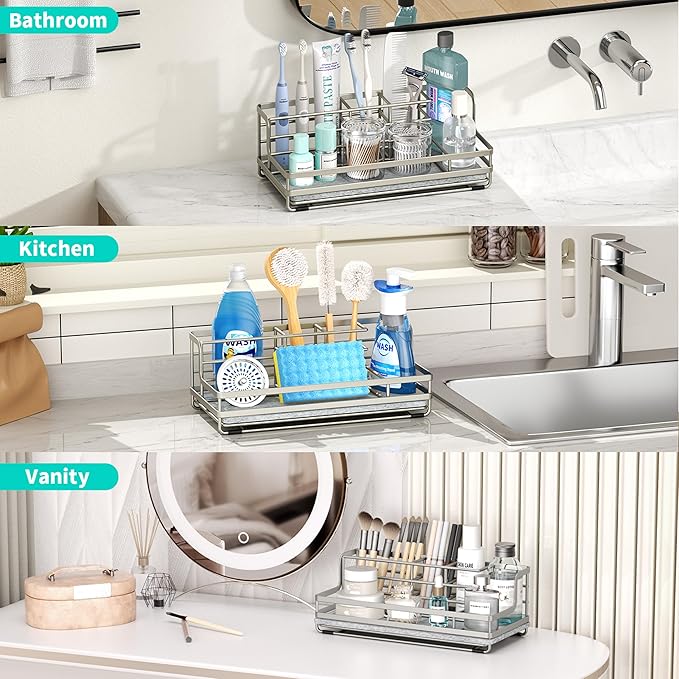 HapiRm Toothbrush Holders for Bathroom - 5 Partitions Bathroom Counter Organizer with Instant Drying Stone, Stainless Steel Countertop Storage Electric Toothbrush Toothpaste Holder - Brushed Nickel