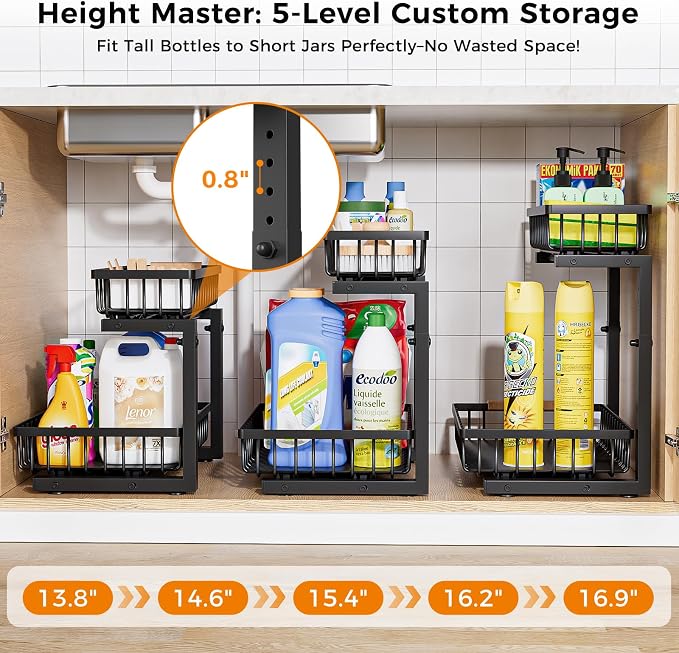 Under Sink Organizer,2 Pack Under Kitchen Sink Organizer,2 Tier Sliding-Out,5 Level Height Adjustable,Thickened Carbon Steel,Anti-Rust Treatment,for Kitchen Bathroom Black