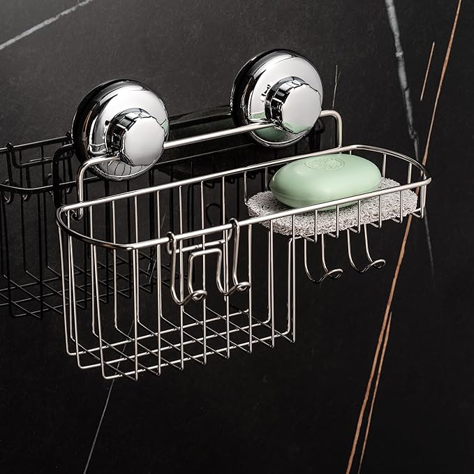 HASKO Suction Cup Shower Caddy Basket for Shampoo, Shower Suction Shelf Organizer, Basket with Soap Holder and Hooks, Stainless Steel Shampoo Holder for Bathroom Storage, Chrome