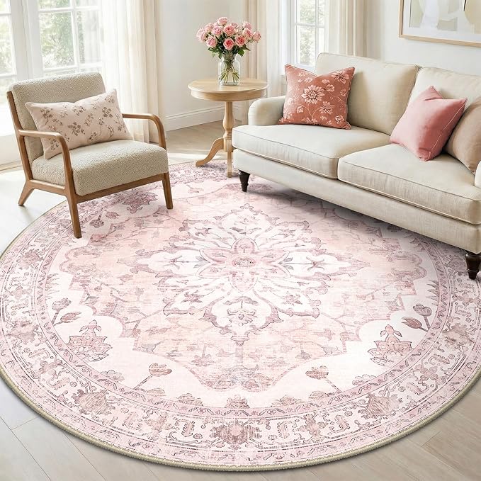 RELEANY Area Rugs Round 6ft Washable Non-Slip, Floral Vintage Distress Medallion Carpet for Living Room Bedroom Dining Room, Pink Greypink Cute