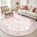 RELEANY Area Rugs Round 6ft Washable Non-Slip, Floral Vintage Distress Medallion Carpet for Living Room Bedroom Dining Room, Pink Greypink Cute