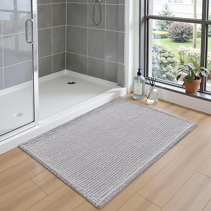 DEXI Bathroom Rugs 43x24, Non Slip Washable Bath Mat, Absorbent Chenille Bathmat, Ultra Soft Thick Carpet for Tub Shower Floor, Light Grey