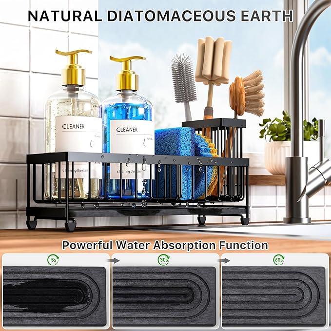 Cisily 10.62'' Sponge Holder for Kitchen Sink, Sink Caddy Organizer with High Brush Holder, Kitchen Countertop Organizers and Storage Essentials, Rustproof 304 Stainless Steel (Black with Stone Tray