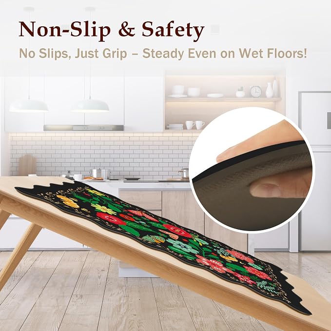 Arenarug Scalloped Black Kitchen Mats for Floor 2PC Cushioned Anti Fatigue Kitchen Mats Rugs Waterproof Non Slip Boho Floral Comfort Foam Standing Mat for Sink Laundry,17.3x30+17.3x59