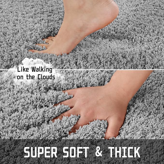 Yimobra Fluffy Plush Bath Rug, Super Shaggy Soft Comfortable Non Slip, Water Absorbent Microfiber Bath Mat, Dries Quickly, Machine Washable Thick Bathroom Rugs for Shower, 47" X 24", Pure Gray