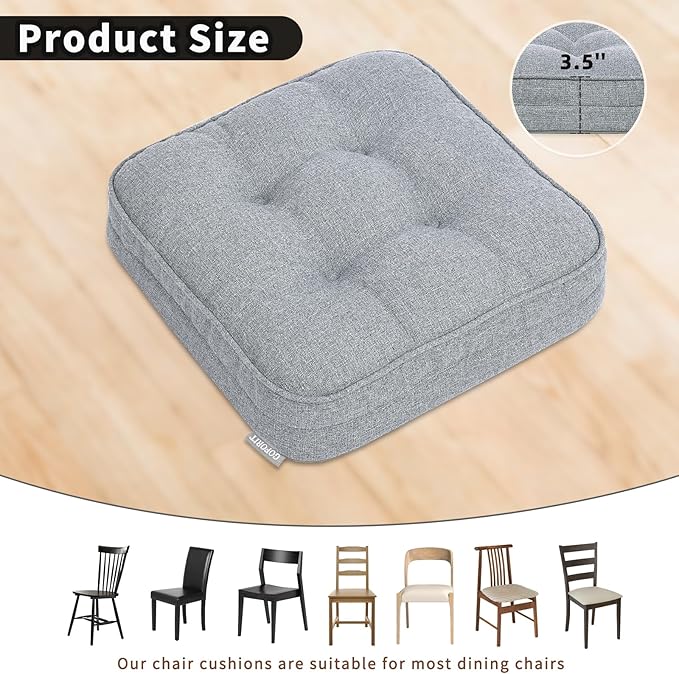 GOFORIT Memory Foam Seat Cushion，Kitchen Chair Cushions for Dining Chairs,Non-Slip Chair Pads with Removable Cover, 16'' x 16'', Grey