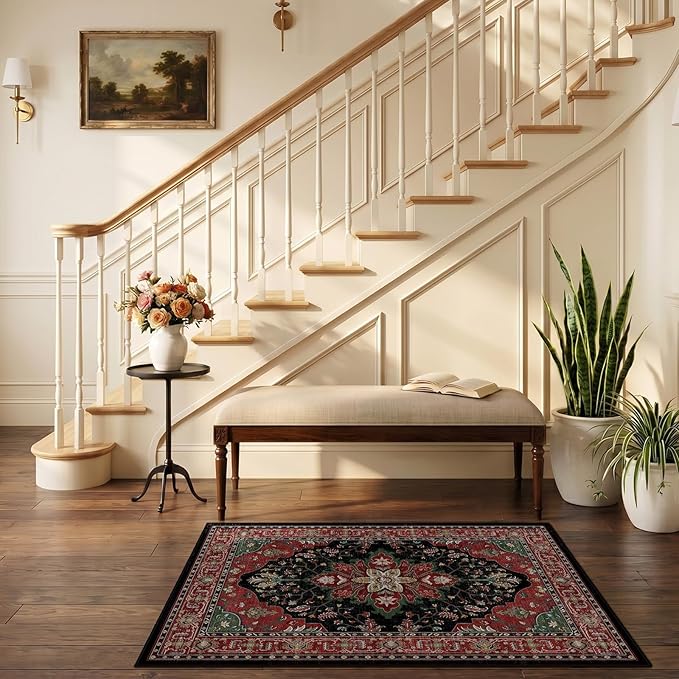RELEANY Area Rugs Small 2'6"x4' Washable Non-Slip, Floral Vintage Distress Medallion Carpet for Kitchen Entryway Bathroom, Red Black