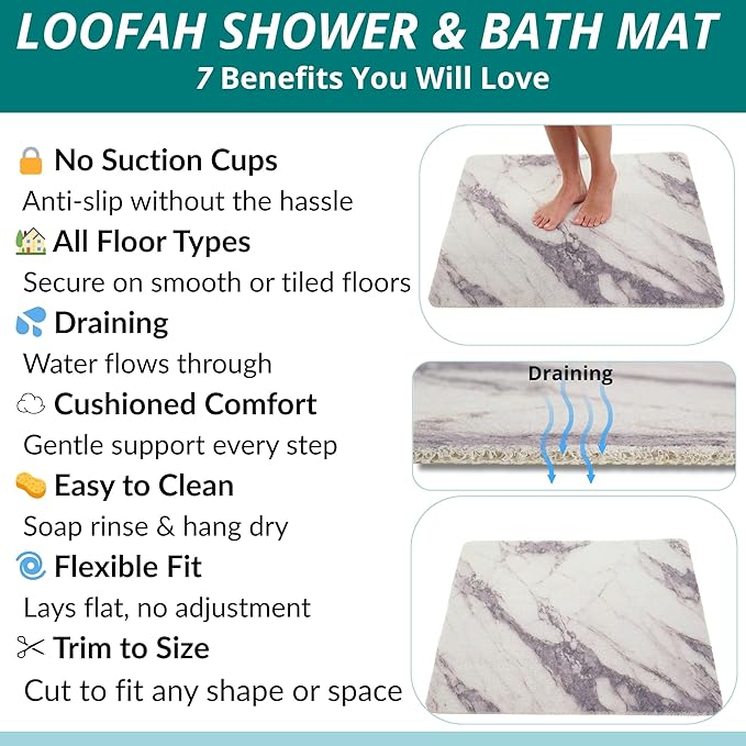 Extra Large Square Shower Mat Non Slip - Soft Loofah Mat - Bathroom Shower Mat Stall - Shower Mat Square - No Slip Shower Mats - Shower Floor Mat - Square Shower Mats for Showers (Gray Marble 31x31)