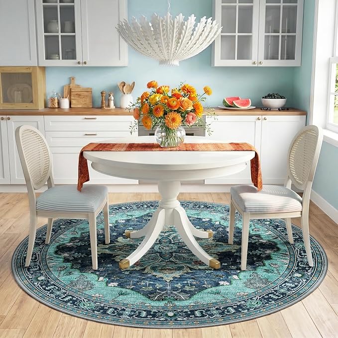 RELEANY Area Rugs Round 6ft Washable Non-Slip, Floral Vintage Distress Medallion Carpet for Living Room Bedroom Dining Room, Teal Green Lake Blue Turquoise