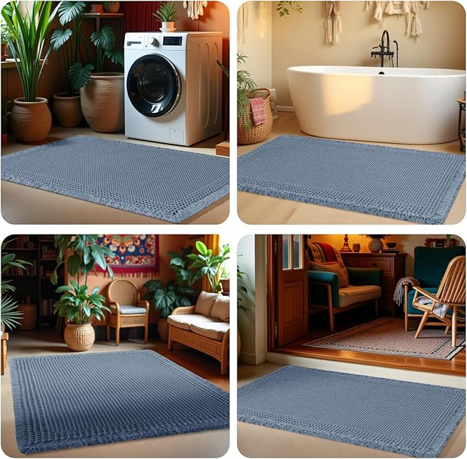 IM HOME Extra Large Waffle Bath Mat, Boho Bathroom Rugs Absorbent Non Slip, Ultra Soft Bathroom Mat, Machine Washable Knit Bath Rugs with Herringbones for Bathroom,Bedroom,Kitchen,Shower,6'x2', Blue