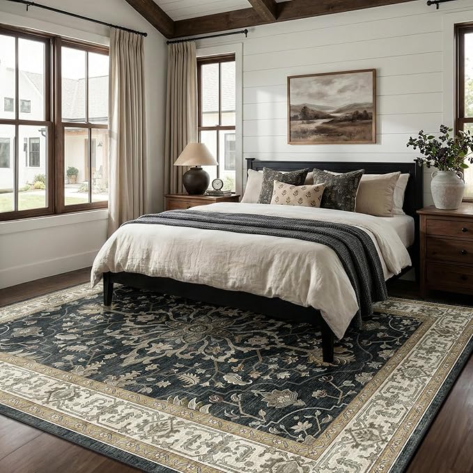 RELEANY Area Rugs 7'x9' Washable Non-Slip, Floral Vintage Distress Medallion Carpet for Living Room Bedroom Dining Room, Vintage Black Brown Neutral