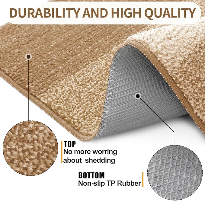 Kitinjoy Indoor Outdoor Door Mat, 59x20 Non-Slip Absorbent Dirt Trapper, Low-Profile Washable Inside Entrance Front Floor Mat, Sturdy Soft Entry Doormats for Entryway, Camel