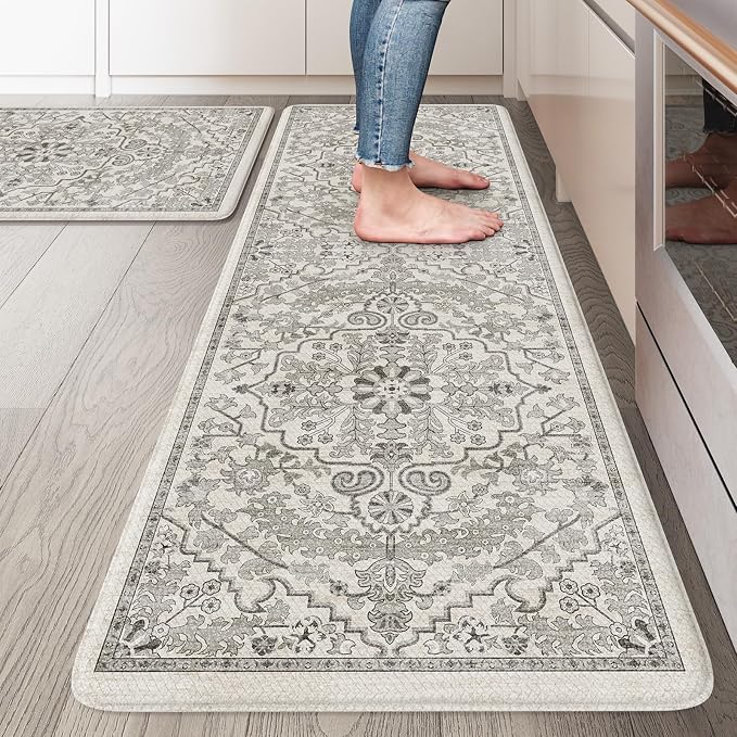 KIMODE Kitchen Mats Cushioned Anti Fatigue, 20"x47"+20"x32" Farmhouse Kitchen Rugs Sets of 2, Non Slip Kitchen Mats for Floor, Padded Kitchen Floor Mats for Sink, Laundry, Desk Grey