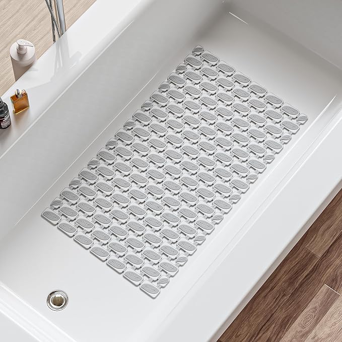 XIYUNTE Shower Mat Non Slip Bathtub Mat - 27 x 16Inches Soft Rubber Bath Mat for Tub Non Slip Bath Mat with Suction Cups and Drain Holes, Easy to Clean, Easy to Cut, Eco-Friendly, Grey