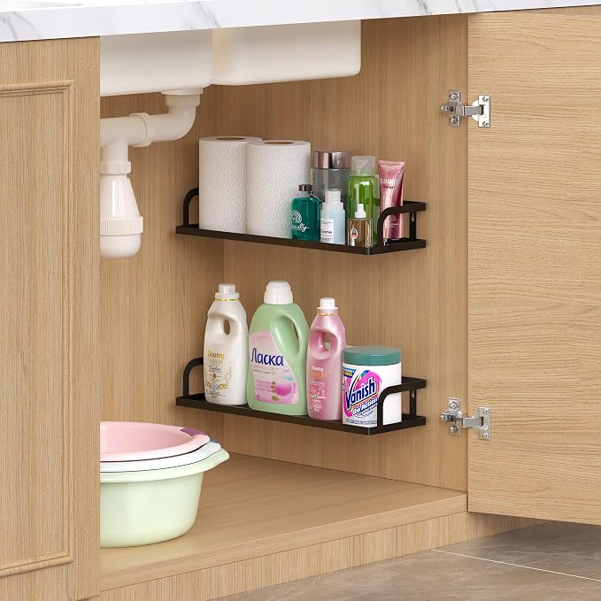 PUSDON 2-Pack 16.5" Extra Long Slim Hollowout Shower Caddy, Wall Mount Spice Rack & Bathroom Organizer, Mesh Bottom Cabinet Door Shelf Holds 50LBS - Vintage Bronze, Hollowout