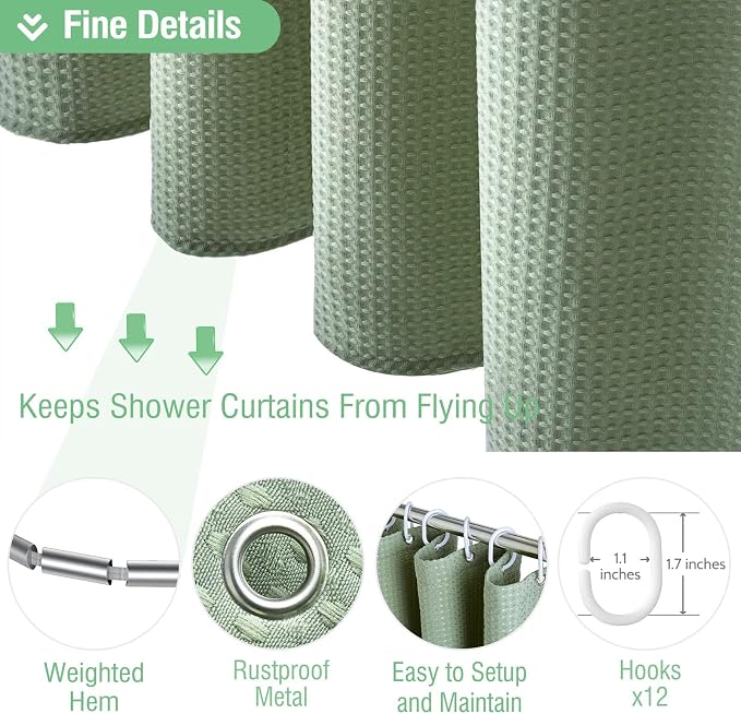 Dynamene Fabric Shower Curtain, Waffle Textured Heavy Duty Shower Curtains for Bathroom, 256GSM Luxury Weighted Cloth Shower Curtain Set with Plastic Hooks, 72" W x 96" L (Pack of 1), A. Sage Green