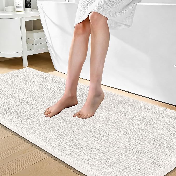 OLANLY Thick Bathroom Runner Rugs 70x24, Absorbent Chenille Striped Bath Rugs, Rubber Backing, Machine Wash Dry, Extra Long Bath Mats for Bathroom Floor, Tub and Shower, Home Decor Accessories, Ivory