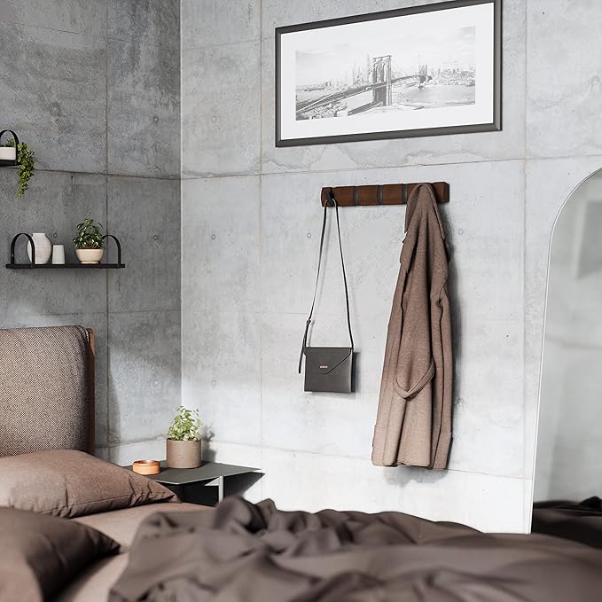 Umbra Flip Wall-Mounted Coat Rack with 5 Hooks – Modern, Space-Saving Storage for Hats, Jackets, Bags, Entryway, Mudroom, Closet, Bathroom, Bedroom – Black/Walnut