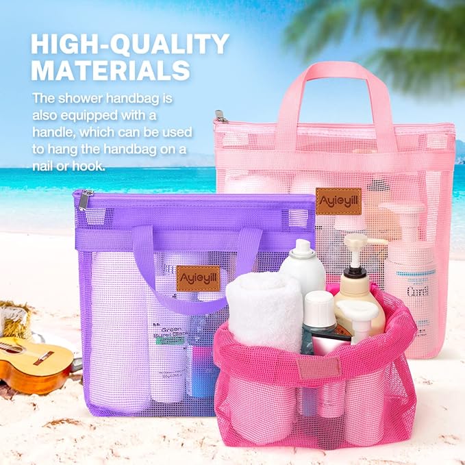 3 Pcs Portable Mesh Shower Caddy Tote, Quick Dry Tote Bag Mesh Beach Bags for Women, Hanging Toiletry and Bath Organizer for Travel Swimming Sports Gym Camp Shopping College Dorms (Pink Purple Rose)