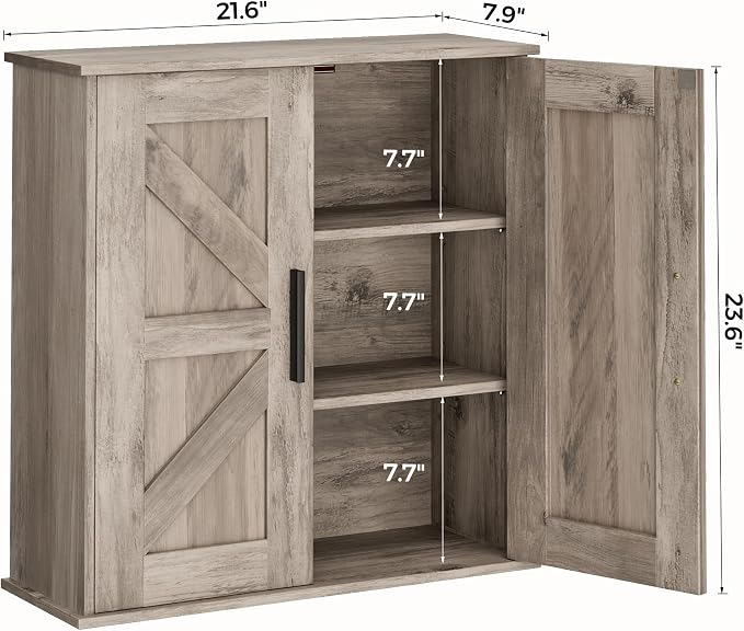 Homleke Bathroom Wall Cabinet, Over Toilet Storage Cabinet with Barn Doors and Adjustable Shelves, 3-Tier Medicine Cabinet Wall Mounted, for Bathroom, Kitchen, Entryway, Laundry Room, Greige, (7.9" D)