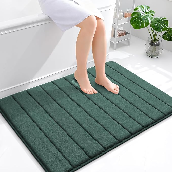 OLANLY Memory Foam Bath Mat 40x32, Super Soft Absorbent Bathroom Rugs, Quick Dry, Machine Washable Shower Floor Rugs, Bathmat Carpet, Bathroom Home Decor Accessories, Blackish Green