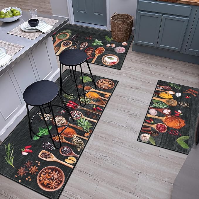 Vaukki Boho Kitchen Rug Sets 3 Pieces, Washable Kitchen Mats for Floor, Non Slip Soft Kitchen Area Rug Floor Mat for Kitchen, Laundry Room and Hallway (Spice-Black, 20''x32''+20''x47''+20''x59'')