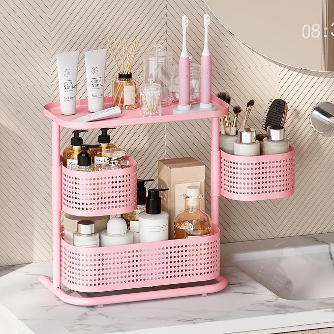 KINGRACK 3 Tier Pink Bathroom Counter Organizer, Rotating Makeup Organizer for Vanity, Perfume & Skincare Standing Shelf, Vanity Tray for Bathroom Countertop Storage, Pink