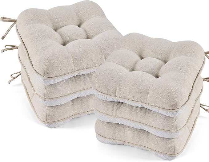 BETU Chair Cushions for Dining Chairs Set of 6,3.5" Thick Kitchen Table Chair Pads with Ties,Non Slip Backing and Covers, Seat Cushion for Dining Room,Bar,Patio Chairs,15.5"X15.5"X3.5",Beige