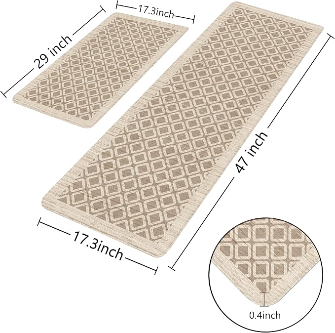 Tan Khaki Vintage Geometric Elegance Grid Kitchen Rug Sets [2 PCs], Anti-Fatigue, Waterproof Non-Slip Kitchen Mats Heavy Duty Comfort Foam Rug for Kitchen, Floor, Laundry,17"x29"+17"x47"