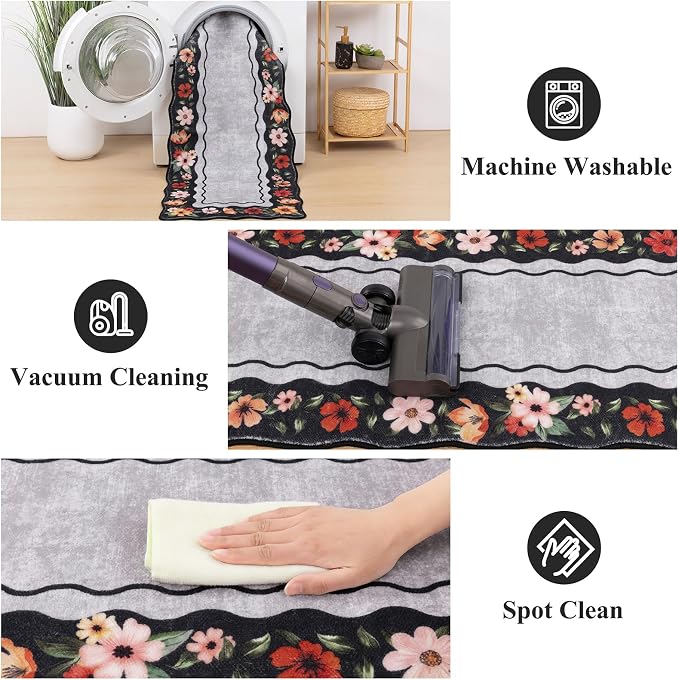 Vaukki Boho Kitchen Rug Sets 3 Pieces, Washable Kitchen Mats for Floor, Non Slip Soft Kitchen Area Rug Floor Mat for Kitchen, Laundry Room and Hallway (Flower-Black, 20''x32''+20''x47''+20''x59'')